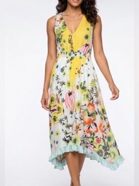 Anthropologie Yellow & White Floral V-Neck High-Low Midi Dress
